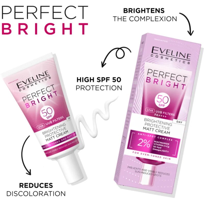 Eveline Cosmetics Perfect Bright SPF 50 zaščitna matirajoča krema za obraz SPF 50 30 ml