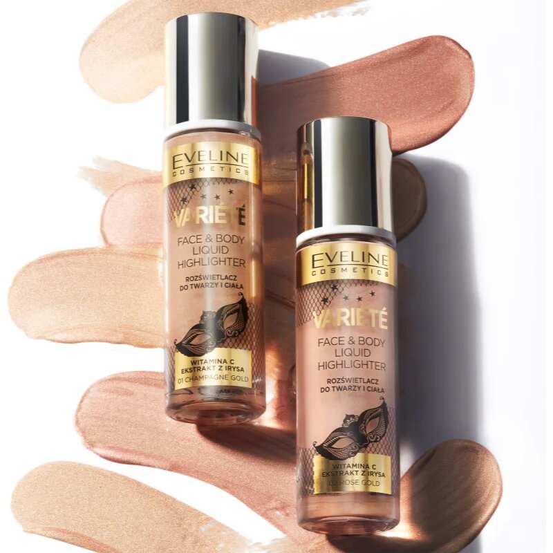 Eveline Cosmetics Variété tekoči osvetljevalec za obraz in telo odtenek 01 Sparkling Wine Gold 30 ml