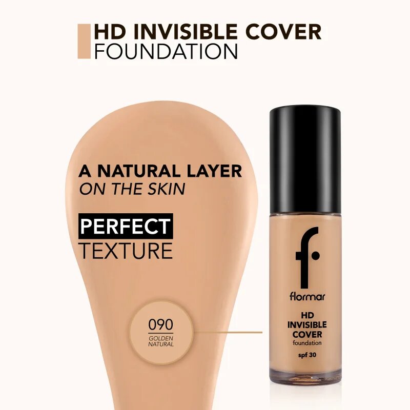 flormar HD Invisible Cover Foundation lahki tekoči puder s posvetlitvenim učinkom SPF 30 odtenek 090 Golden Natural 30 ml