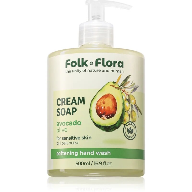 Folk & Flora Avocado & Olive tekoče milo za občutljivo kožo 500 ml