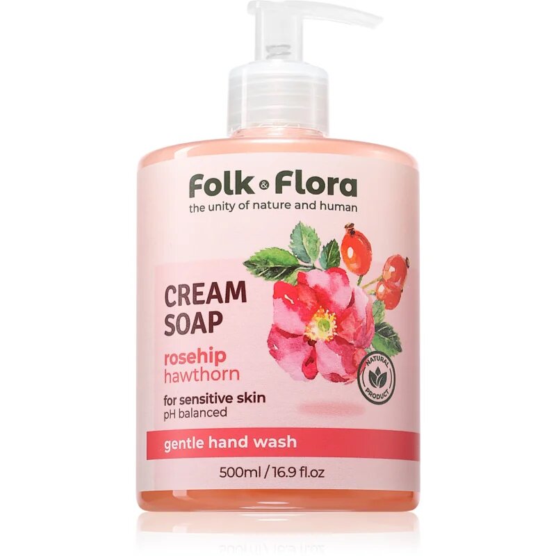 Folk & Flora Rosehip & Hawthorn kremasto tekoče milo za občutljivo kožo 500 ml
