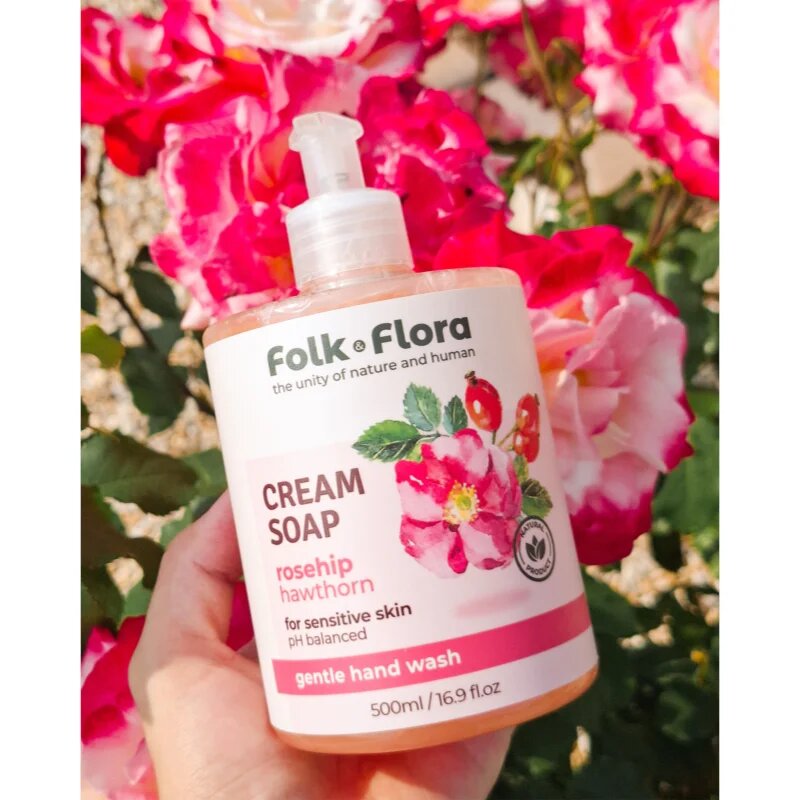 Folk & Flora Rosehip & Hawthorn kremasto tekoče milo za občutljivo kožo 500 ml
