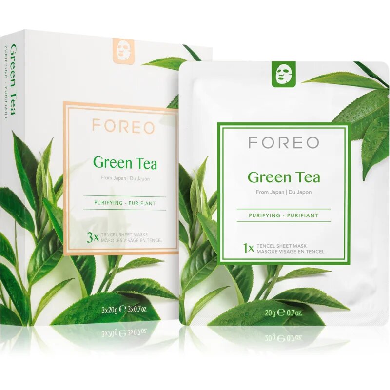 FOREO Farm to Face Sheet Mask Green Tea maska iz platna s pomirjajočim učinkom za mešano kožo 3x20 g