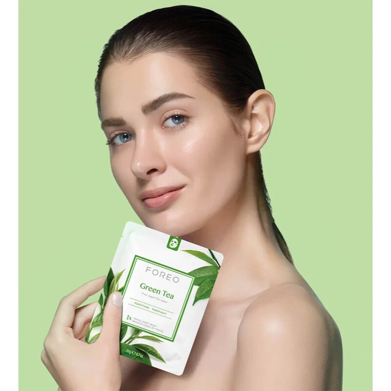 FOREO Farm to Face Sheet Mask Green Tea maska iz platna s pomirjajočim učinkom za mešano kožo 3x20 g