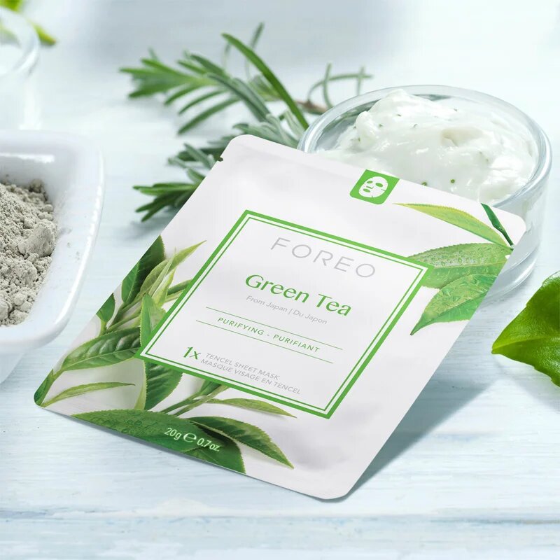 FOREO Farm to Face Sheet Mask Green Tea maska iz platna s pomirjajočim učinkom za mešano kožo 3x20 g