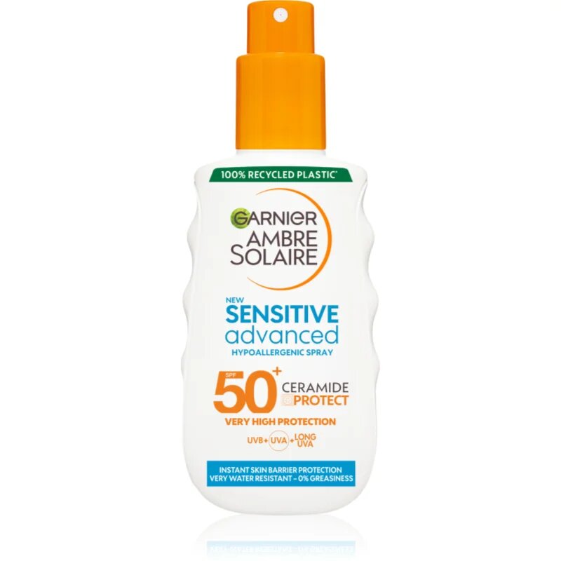 Garnier Ambre Solaire Sensitive Advanced zaščitno mleko za sončenje v pršilu SPF 50+ za občutljivo kožo 150 ml