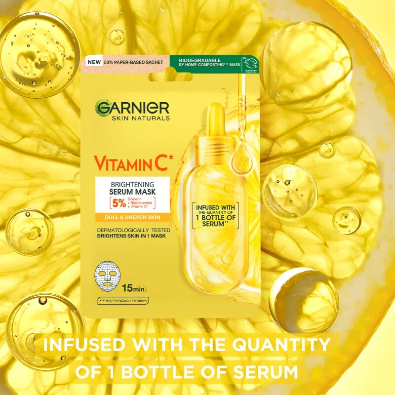 Garnier Textil Masks Brightening Pack revitalizacijska maska iz platna z vitaminom C