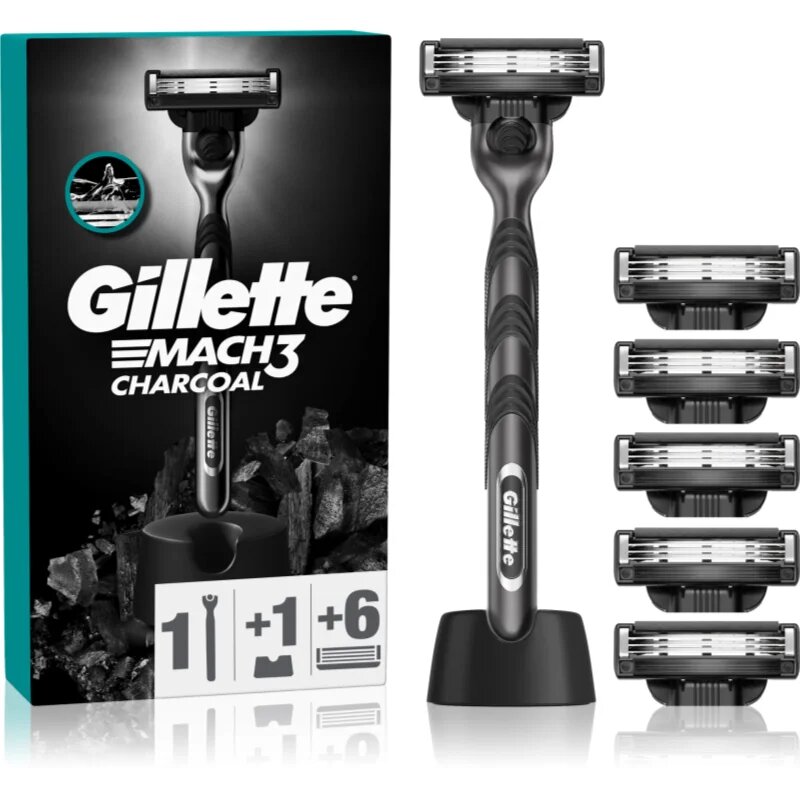 Gillette Mach3 Charcoal brivnik s stojalom + nadomestne britvice 6 kos