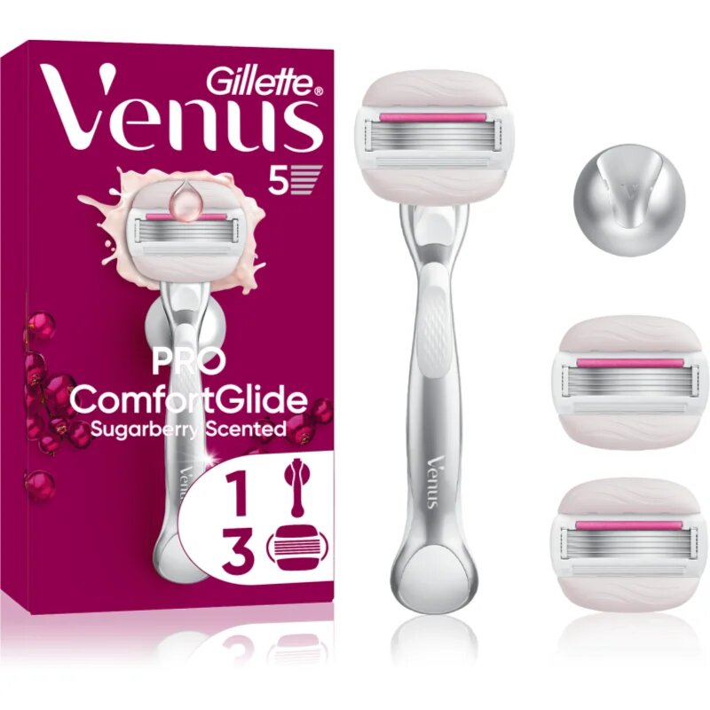 Gillette Venus PRO ComfortGlide Sugarberry ženski brivnik z držalom za prho + nadomestne britvice