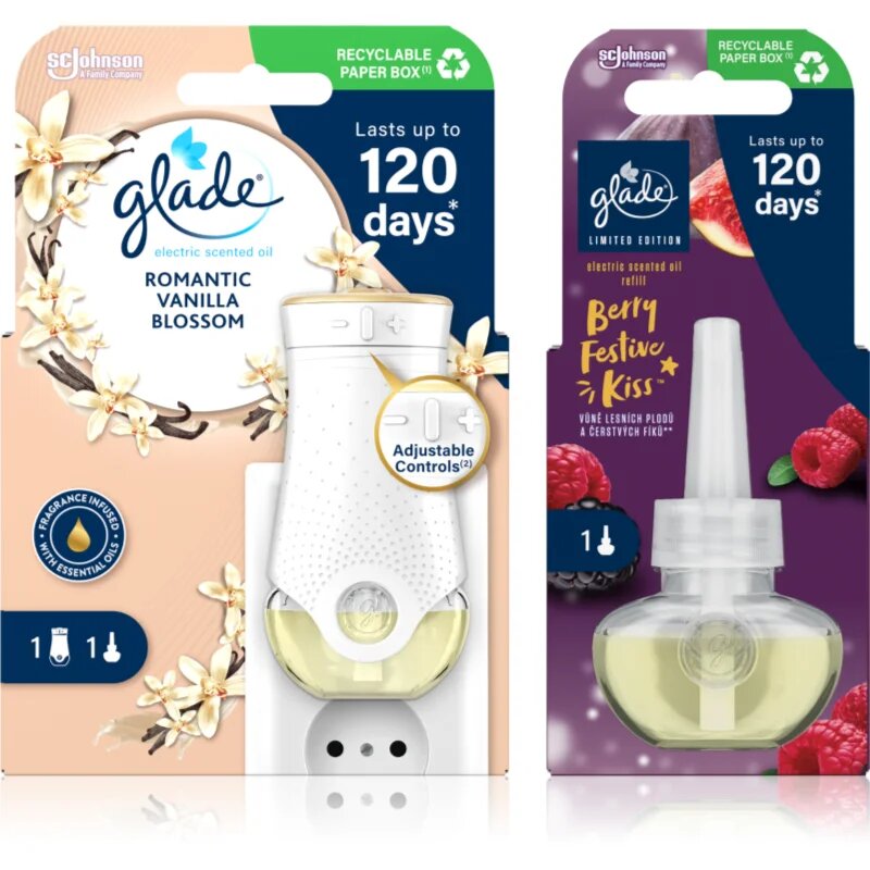Glade Electric scented oil Romantic Vanilla Blossom + Berry Festive Kiss ugodno pakiranje 3 kos
