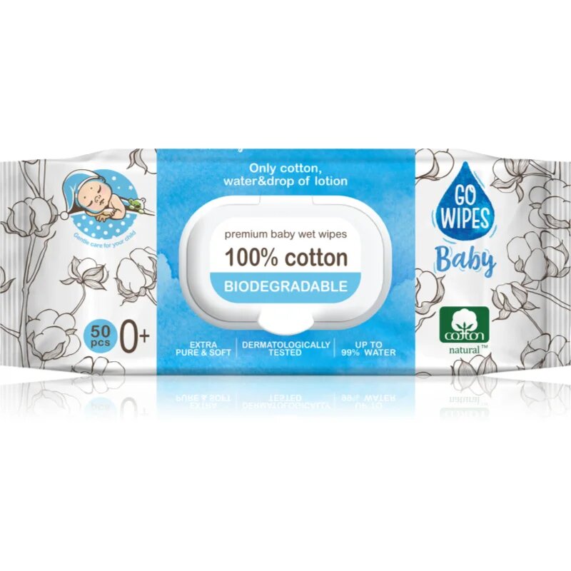 GoWipes Baby 100% Cotton Biodegradable otroški nežni vlažni robčki za občutljivo kožo 0+ 50 kos