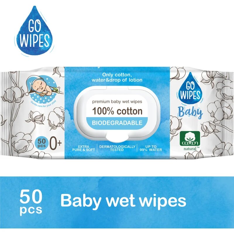 GoWipes Baby 100% Cotton Biodegradable otroški nežni vlažni robčki za občutljivo kožo 0+ 50 kos
