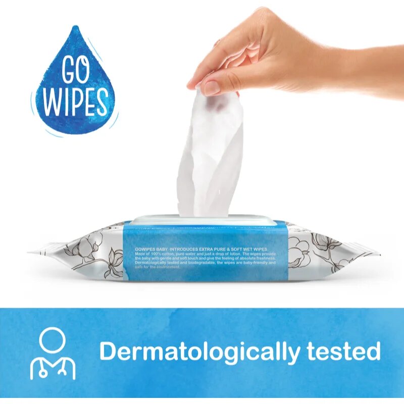GoWipes Baby 100% Cotton Biodegradable otroški nežni vlažni robčki za občutljivo kožo 0+ 50 kos