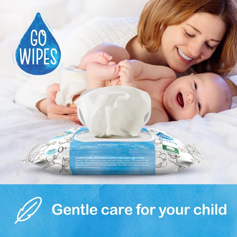 GoWipes Baby 100% Cotton Biodegradable otroški nežni vlažni robčki za občutljivo kožo 0+ 50 kos
