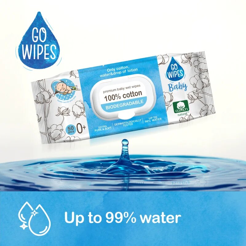 GoWipes Baby 100% Cotton Biodegradable otroški nežni vlažni robčki za občutljivo kožo 0+ 50 kos
