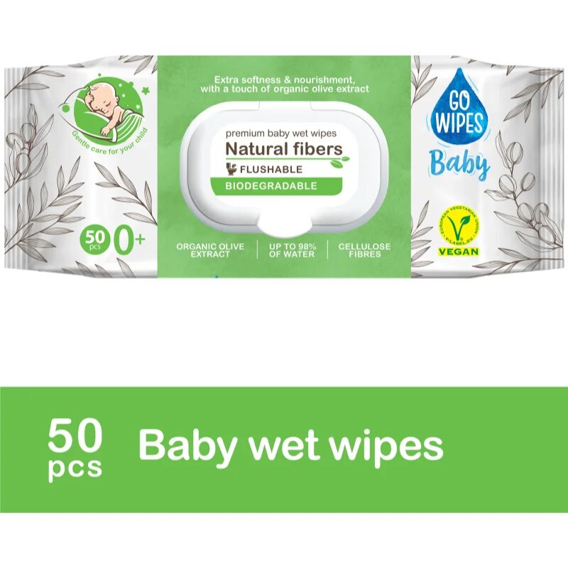 GoWipes Baby Natural Fibers otroški nežni vlažni robčki za občutljivo kožo 0+ 50 kos