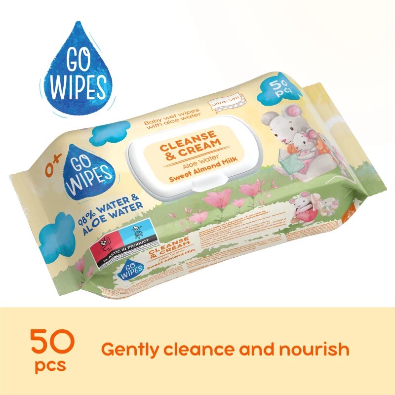 GoWipes Cleanse & Cream Sweet Almond Milk otroški nežni vlažni robčki za občutljivo kožo aloe vera 0+ 50 kos