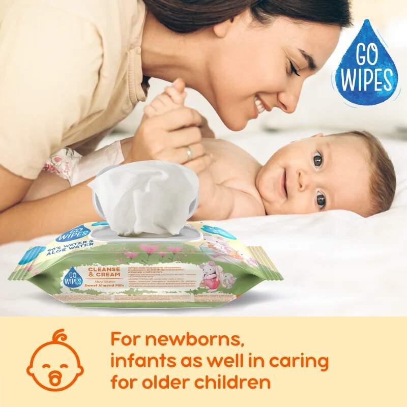 GoWipes Cleanse & Cream Sweet Almond Milk otroški nežni vlažni robčki za občutljivo kožo aloe vera 0+ 50 kos