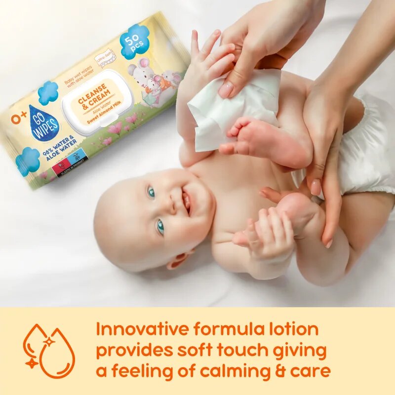 GoWipes Cleanse & Cream Sweet Almond Milk otroški nežni vlažni robčki za občutljivo kožo aloe vera 0+ 50 kos