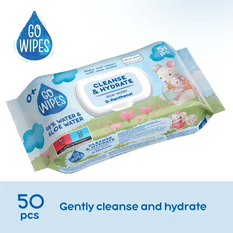 GoWipes Cleanse & Hydrate otroški nežni vlažni robčki za občutljivo kožo aloe vera 0+ 50 kos