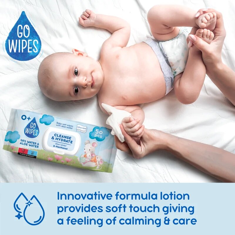 GoWipes Cleanse & Hydrate otroški nežni vlažni robčki za občutljivo kožo aloe vera 0+ 50 kos