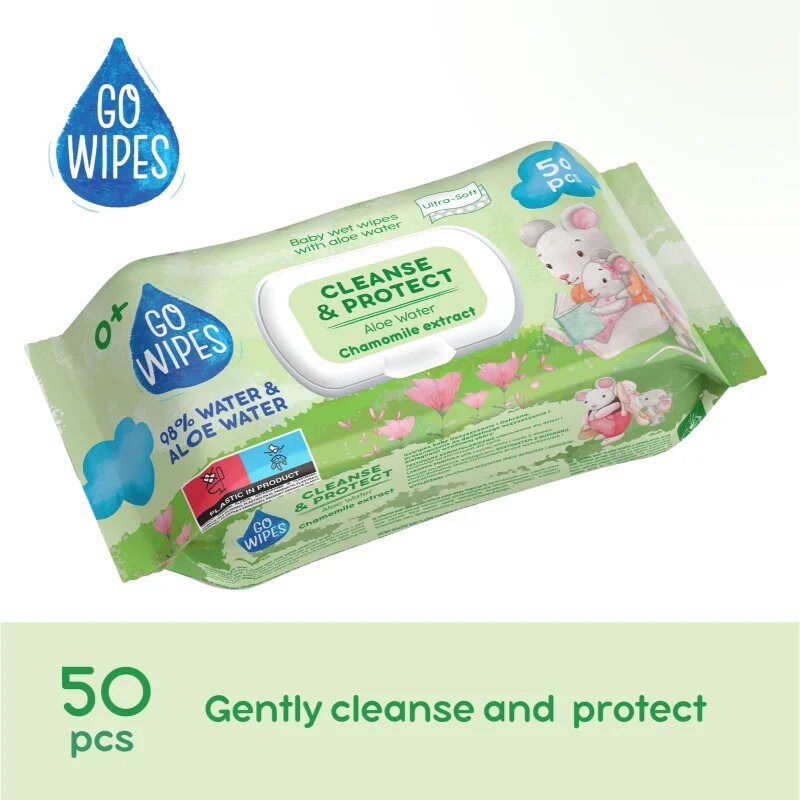 GoWipes Cleanse & Protect Chamomile extract otroški nežni vlažni robčki z aloe vero 50 kos