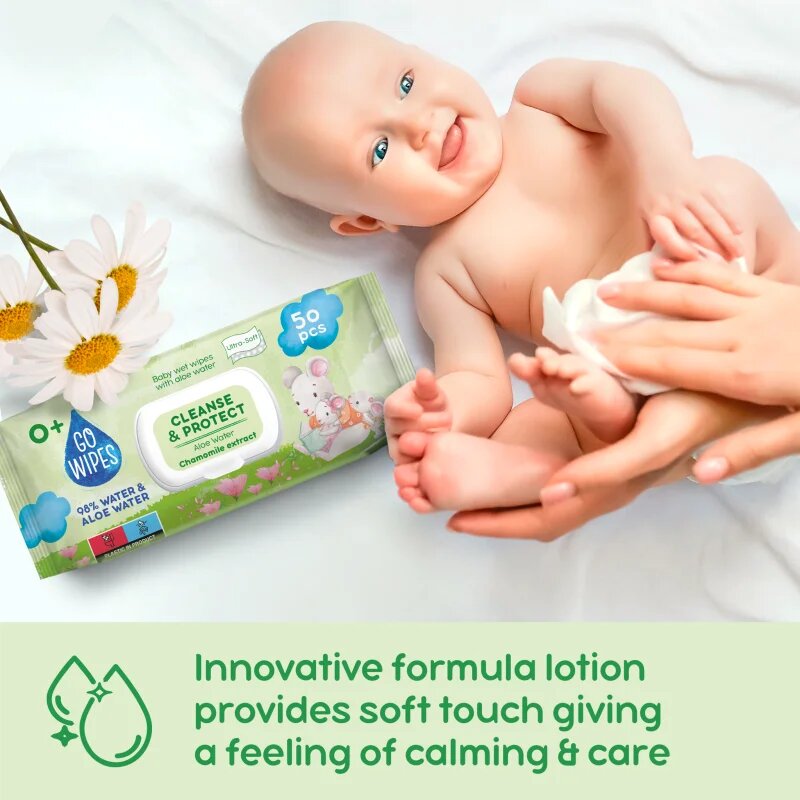 GoWipes Cleanse & Protect Chamomile extract otroški nežni vlažni robčki z aloe vero 50 kos