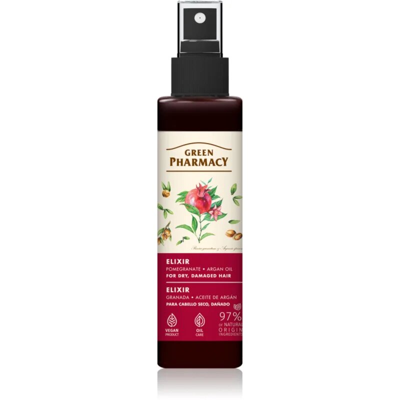 Green Pharmacy Argan Oil & Pomegranate Elixir eliksir brez spiranja za poškodovane in krhke lase 150 ml