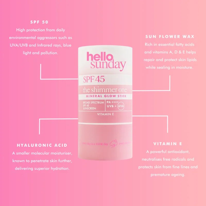 hello sunday the shimmer one mineral glow stick mineralna zaščitna paličica za občutljive predele kože SPF 45 20 g
