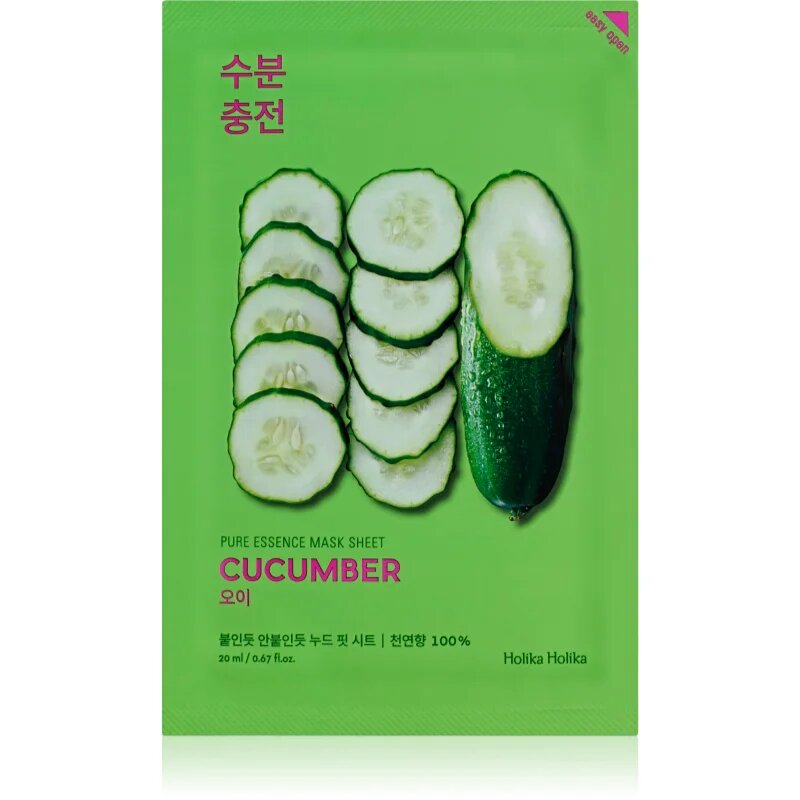 Holika Holika Pure Essence Cucumber maska iz platna s pomirjajočim učinkom za občutljivo kožo nagnjeno k rdečici 23 ml