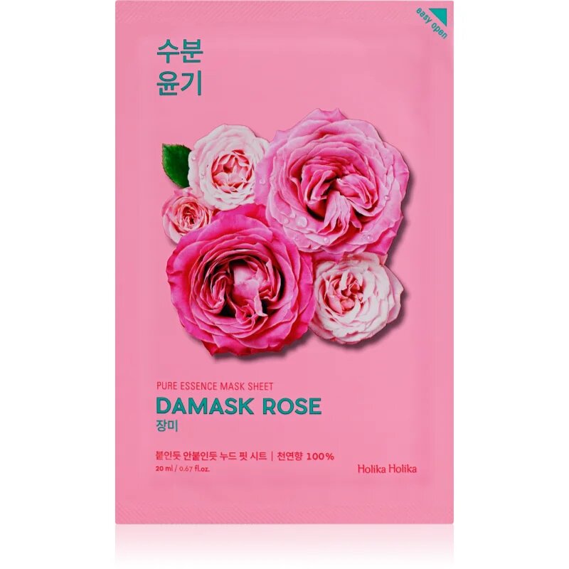 Holika Holika Pure Essence Damask Rose maska iz platna z vlažilnim in revitalizacijskim učinkom 20 ml