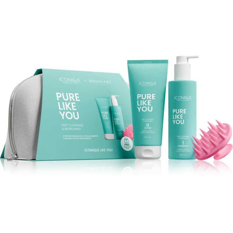 ICONIQUE Professional PURE LIKE YOU Set Shampoo 250 ml Scrub 200 ml BrushArt Massage Brush darilni set za lase in lasišče