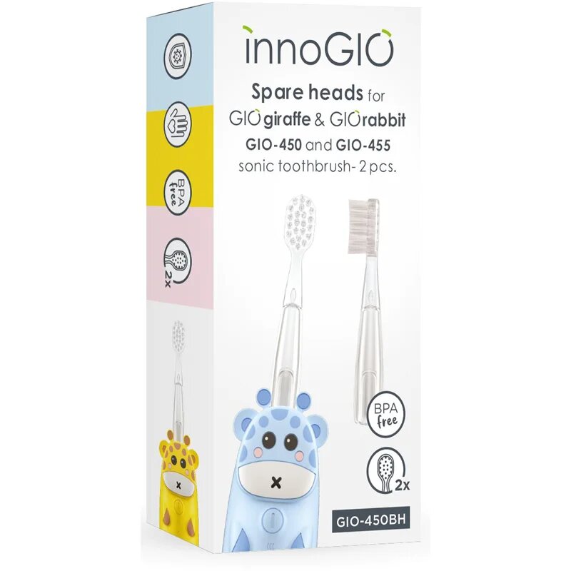 innoGIO GIOGiraffe & GIORabbit Spare Heads Transparent nadomestne glave za zobno ščetko za otroke GIOGiraffe & GIORabbit Sonic Toothbrush 2 kos
