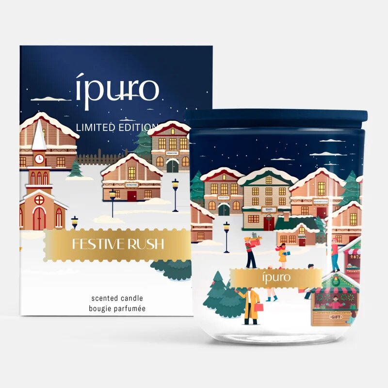 ípuro Christmas Town Festive Rush dišeča sveča s pokrovčkom 270 g