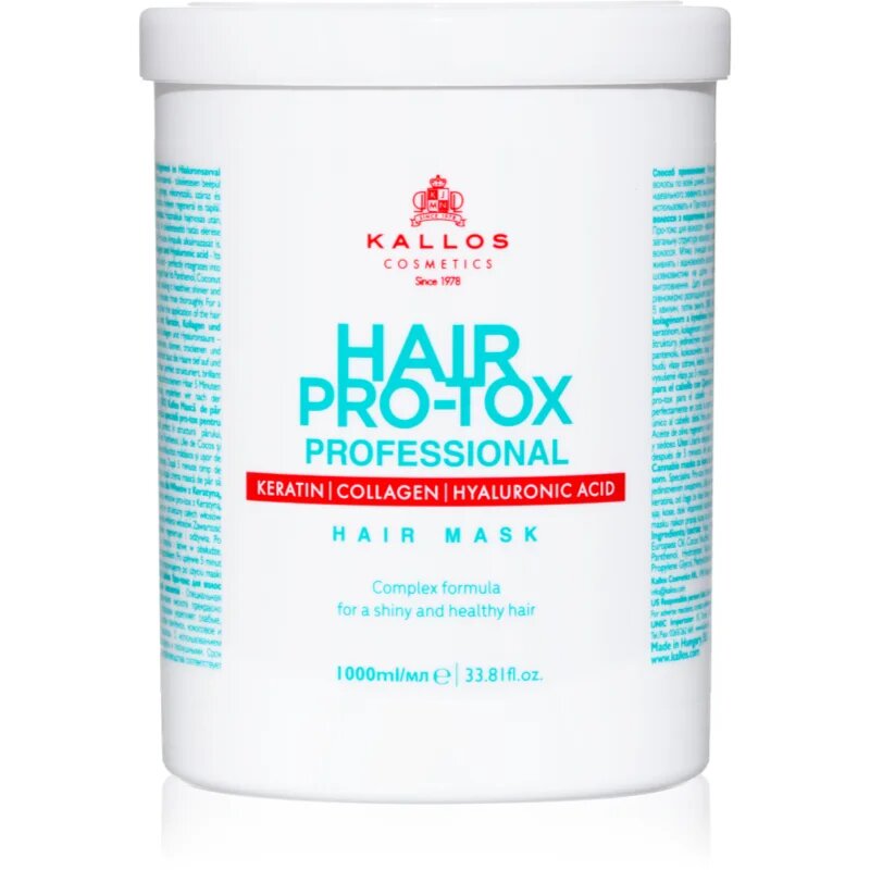 Kallos Hair Pro-Tox maska za šibke in poškodovane lase s kokosovim oljem hialuronsko kislino in kolagenom 1000 ml