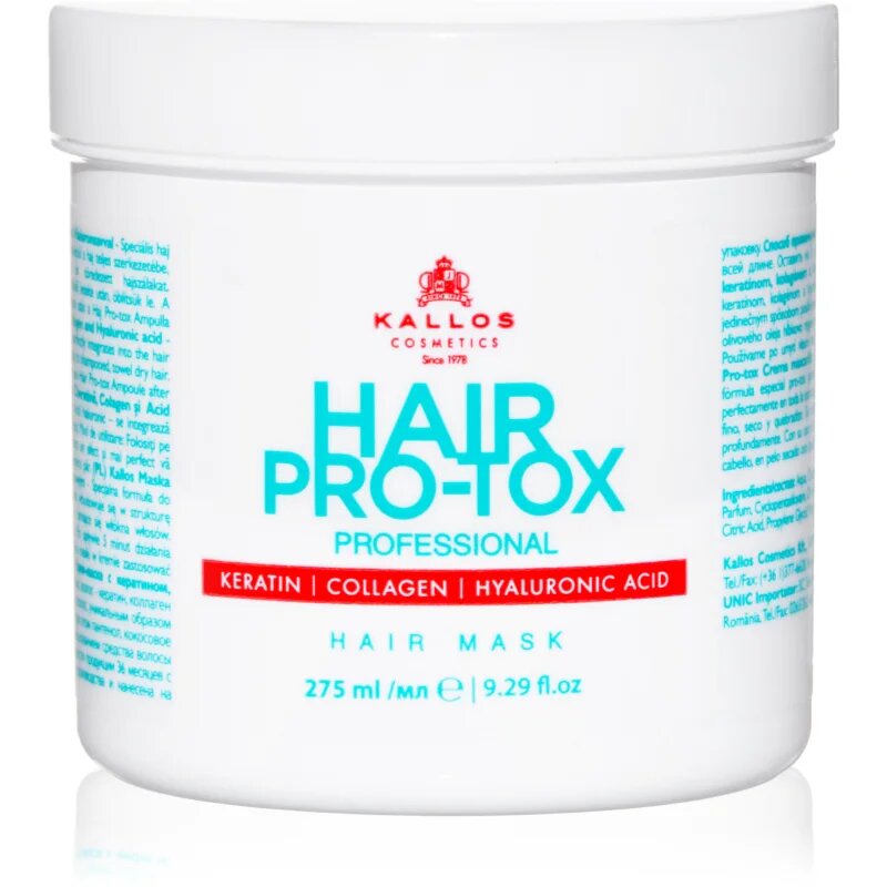 Kallos Hair Pro-Tox maska za šibke in poškodovane lase s kokosovim oljem hialuronsko kislino in kolagenom 275 ml
