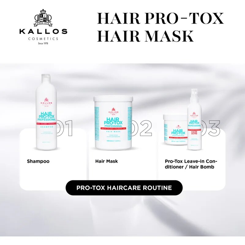 Kallos Hair Pro-Tox maska za šibke in poškodovane lase s kokosovim oljem hialuronsko kislino in kolagenom 275 ml