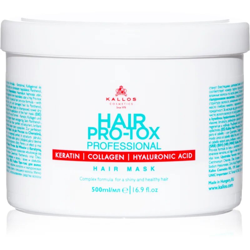 Kallos Hair Pro-Tox maska za šibke in poškodovane lase s kokosovim oljem hialuronsko kislino in kolagenom 500 ml
