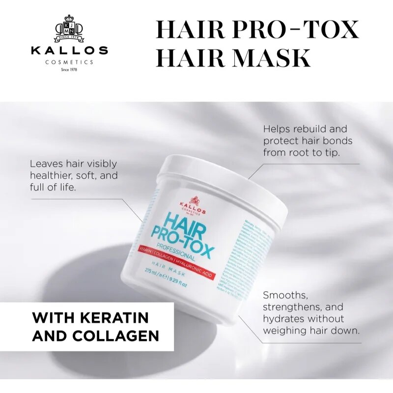 Kallos Hair Pro-Tox maska za šibke in poškodovane lase s kokosovim oljem hialuronsko kislino in kolagenom 500 ml