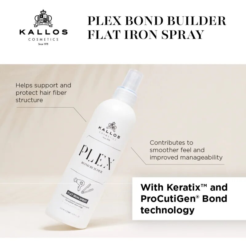 Kallos Plex Flat Iron Spray pršilo za zaščito las med toplotnim oblikovanjem z likalnikom ali kodralnikom za poškodovane in kemično obdelane lase 200
