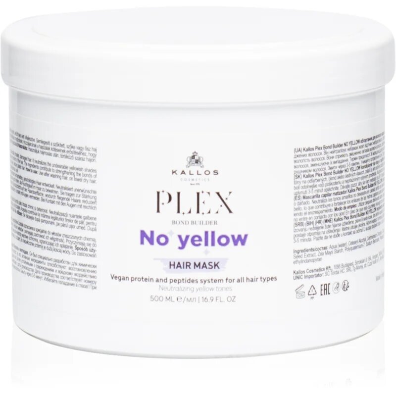 Kallos Plex No Yellow maska za lase za nevtralizacijo rumenih odtenkov 500 ml