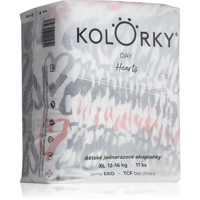 Kolorky Day Hearts ekološke plenice za enkratno uporabo velikost XL 12-16 Kg 17 kos