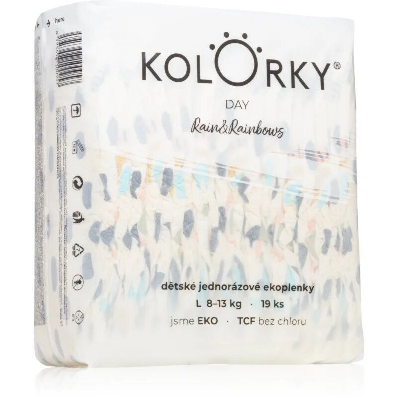 Kolorky Day Rain&Rainbow ekološke plenice za enkratno uporabo velikost L 8-13 Kg 19 kos