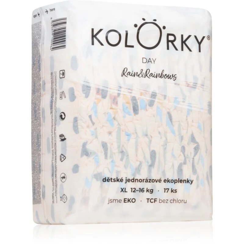 Kolorky Day Rain&Rainbow ekološke plenice za enkratno uporabo velikost XL 12-16 Kg 17 kos