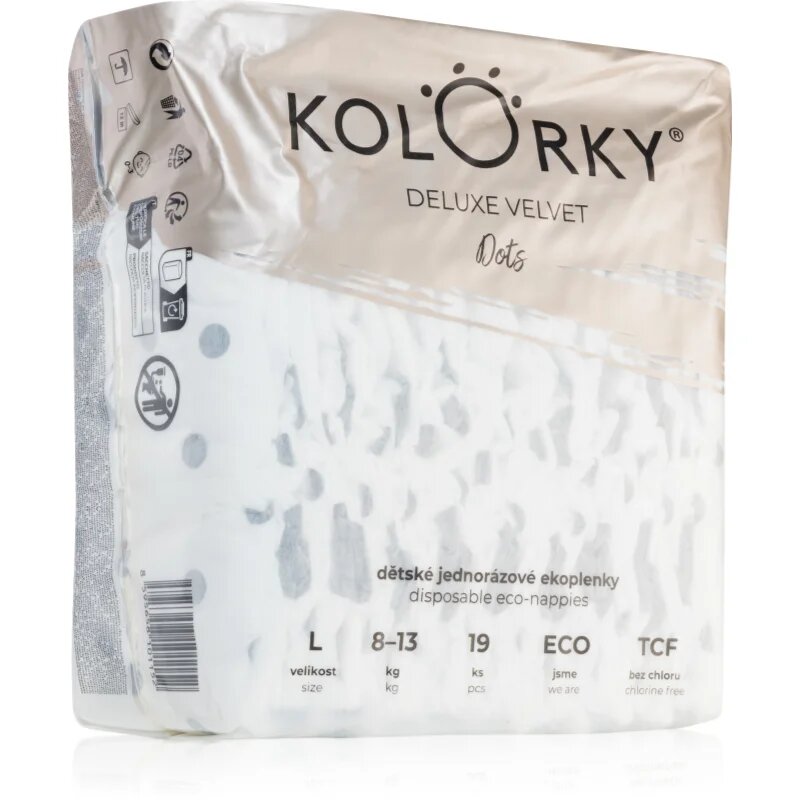 Kolorky Deluxe Velvet Dots ekološke plenice za enkratno uporabo velikost L 8-13 kg 19 kos