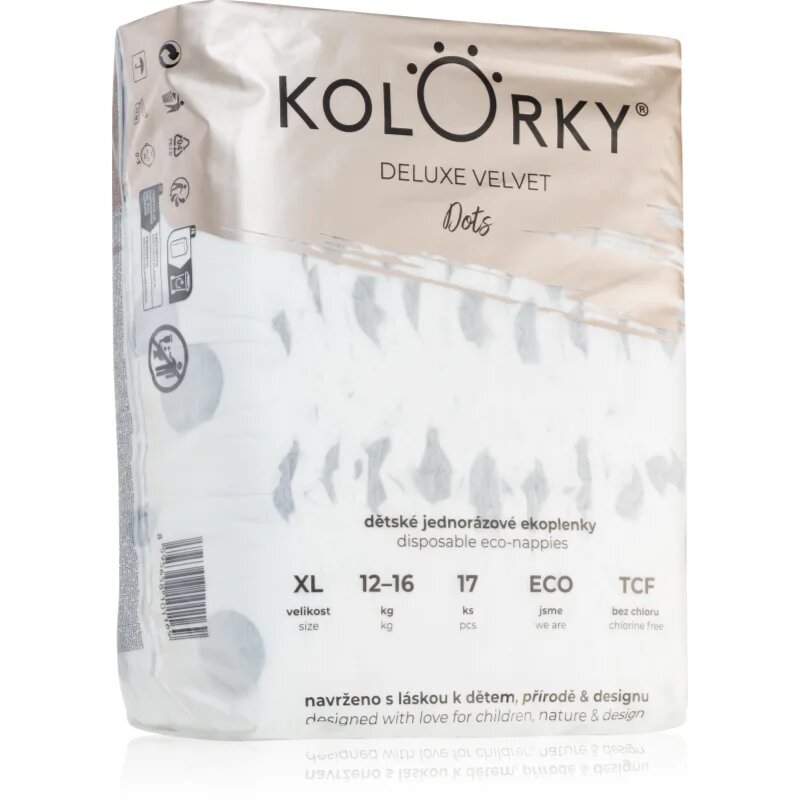 Kolorky Deluxe Velvet Dots ekološke plenice za enkratno uporabo velikost XL 12-16 kg 17 kos