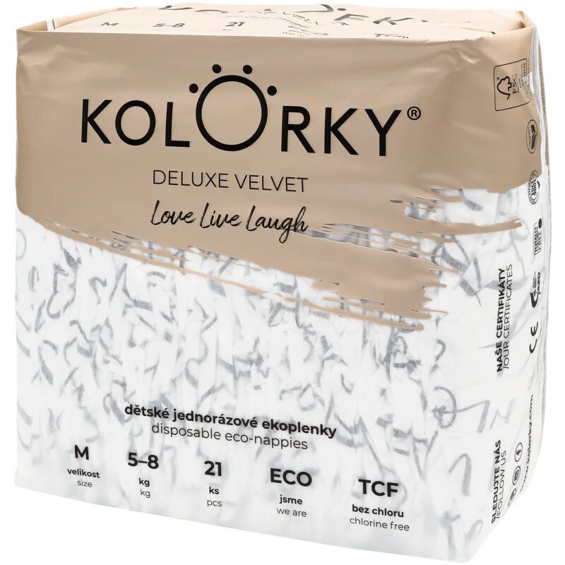 Kolorky Deluxe Velvet Love Live Laugh ekološke plenice za enkratno uporabo velikost M 5-8 Kg 21 kos