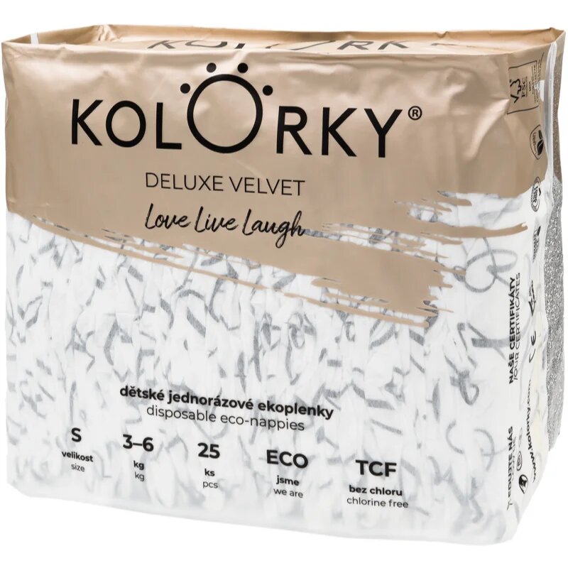 Kolorky Deluxe Velvet Love Live Laugh ekološke plenice za enkratno uporabo velikost S 3-6 Kg 25 kos