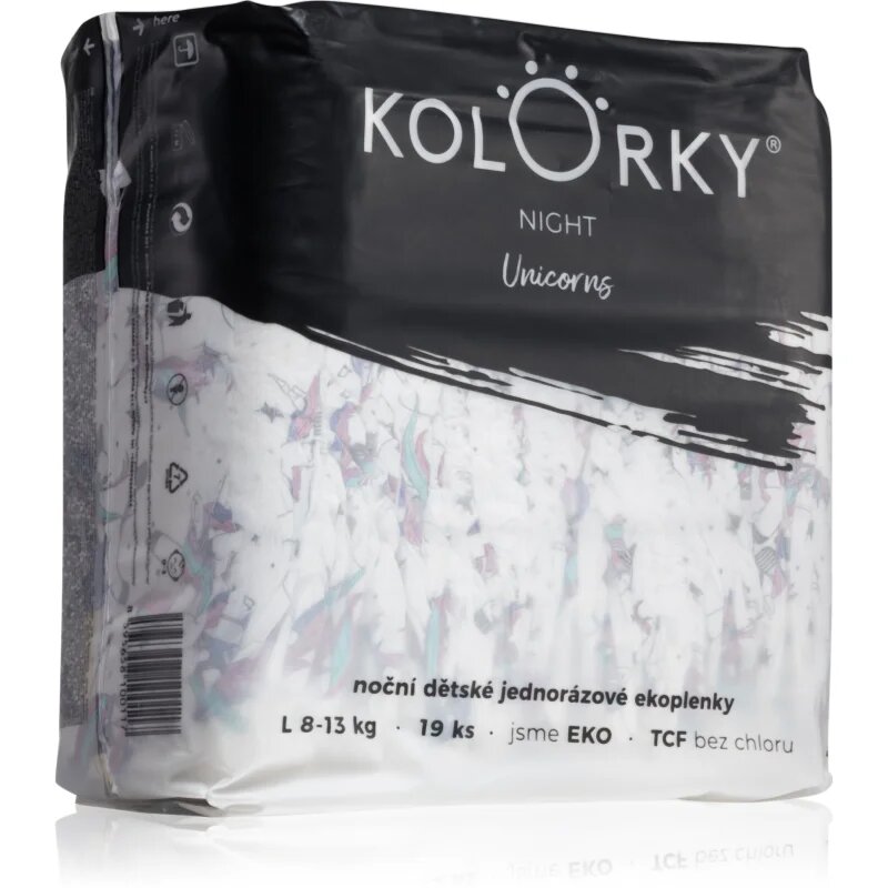Kolorky Night Unicorn ekološke plenice za enkratno uporabo za popolno zaščito ponoči velikost L 8-13 Kg 19 kos