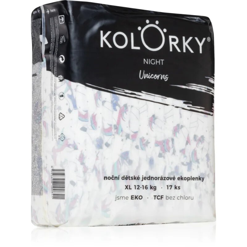 Kolorky Night Unicorn ekološke plenice za enkratno uporabo za popolno zaščito ponoči velikost XL 12-16 Kg 17 kos